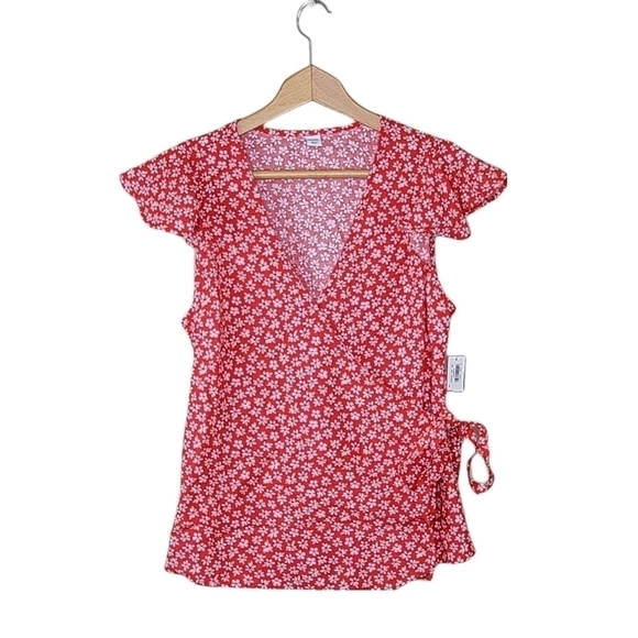 NWT Old Navy | Red Floral Wrap Shirt - Picture 1 of 6
